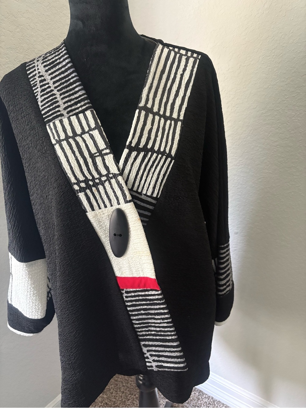 Connie Black V-Neck Tunic with White Trim and Red Accent